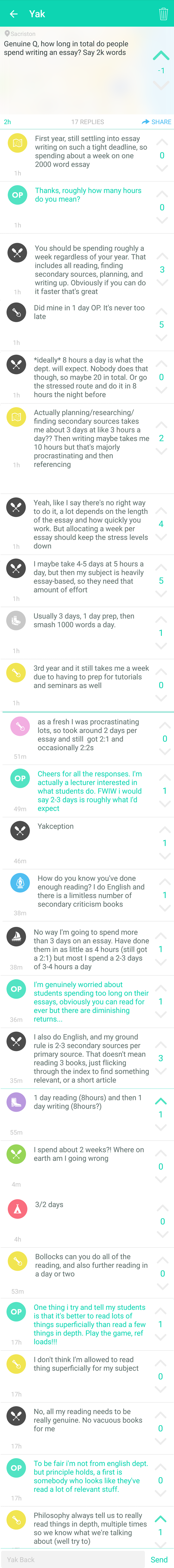 Screenshot from Yik Yak conversation about time spent on essays